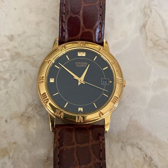CITIZEN Quartz Watch Gold Tone Case Black Dial Original Croc Embossed Strap - Picture 3 of 12